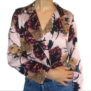 Floral satin plunging neckline bodysuit